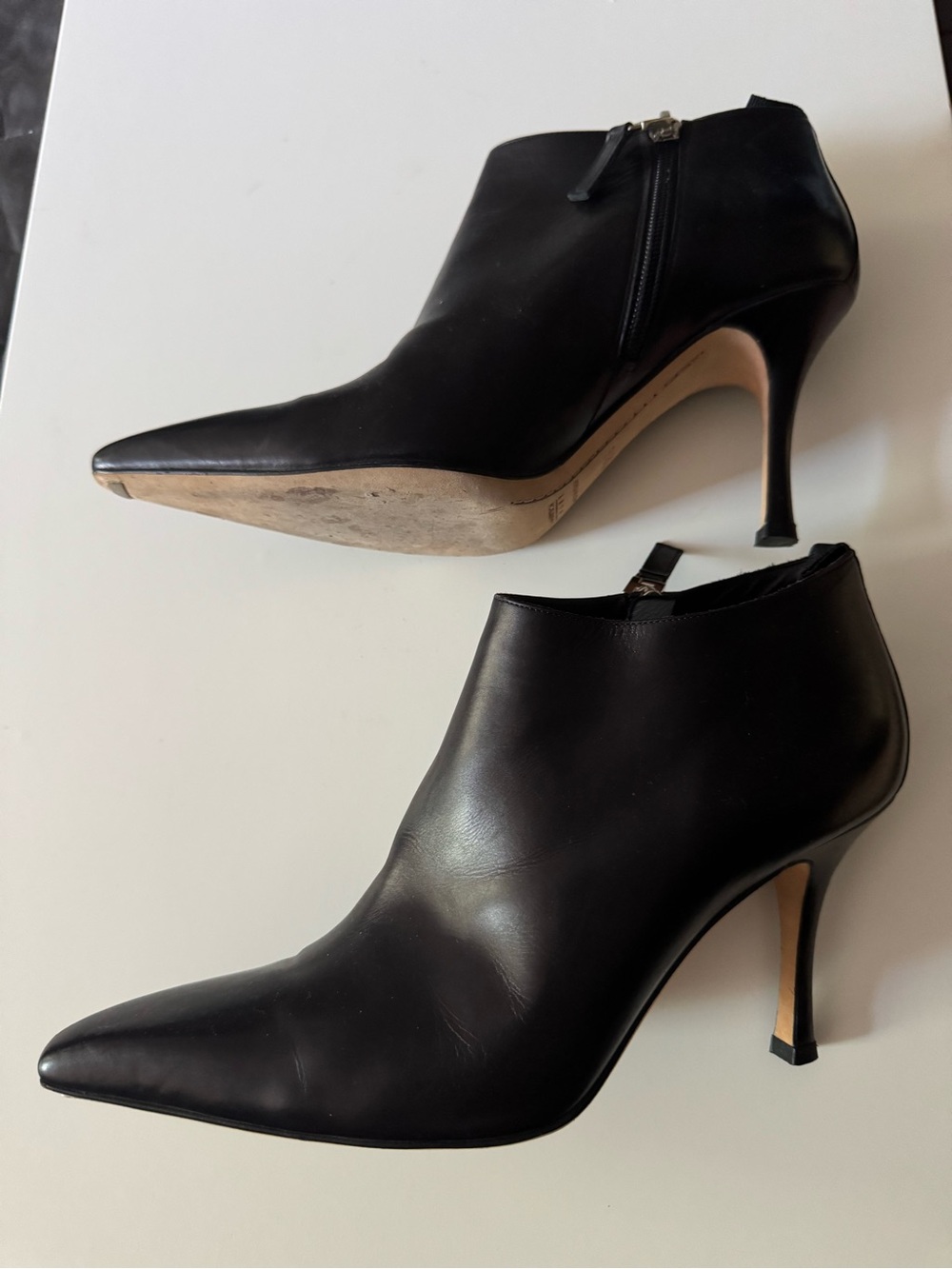 Women's Black Leather Pointed Ankle Booties with Stiletto Heel